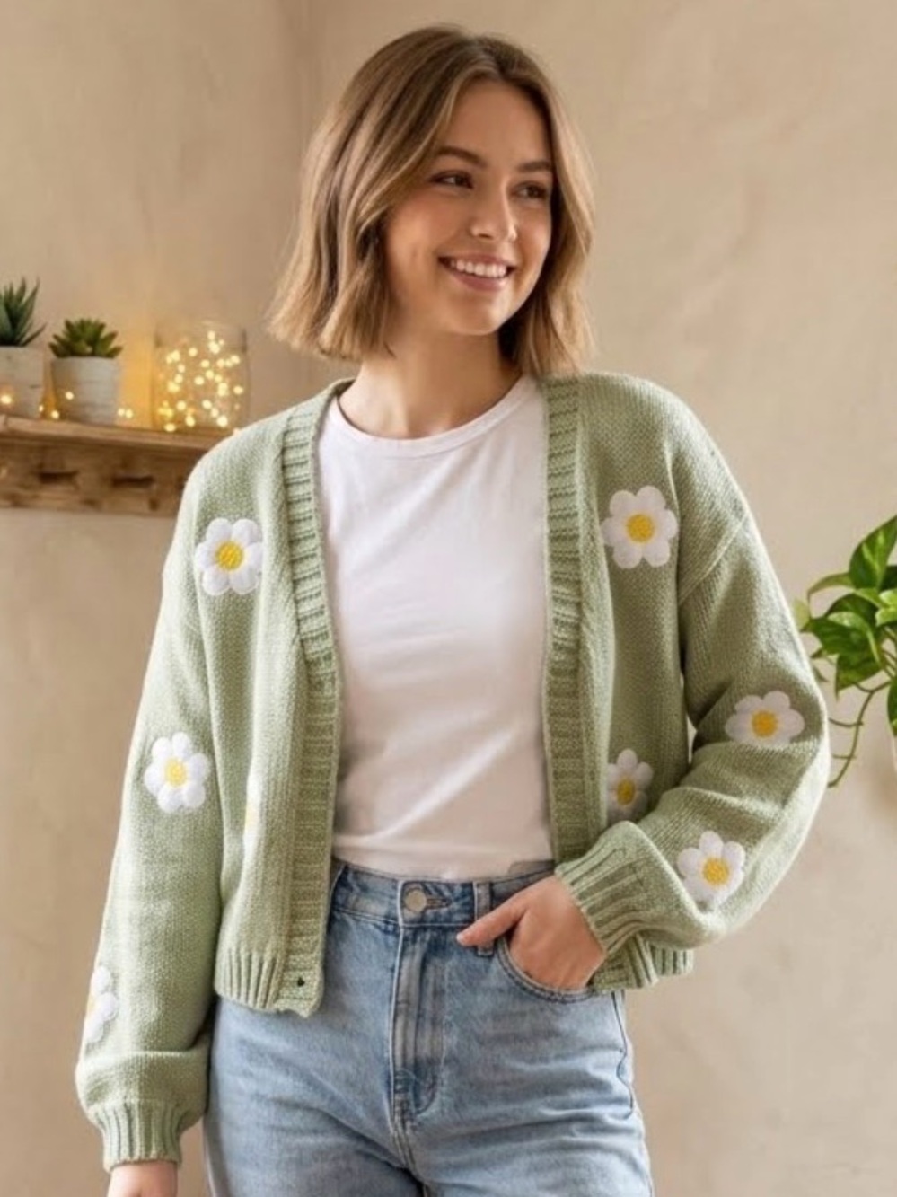 SHEIN 🌼 Sage Green Cropped Cardigan with White & Yellow Daisy Appliqués 🌼